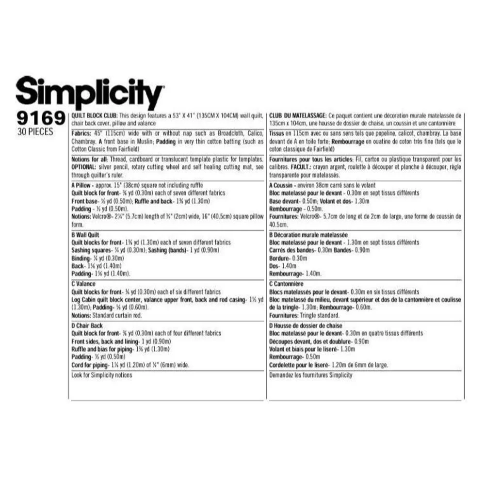 Simplicity Sewing Pattern 9169 Quilt Block Club Variable Star Log Cabin‎ Blocks